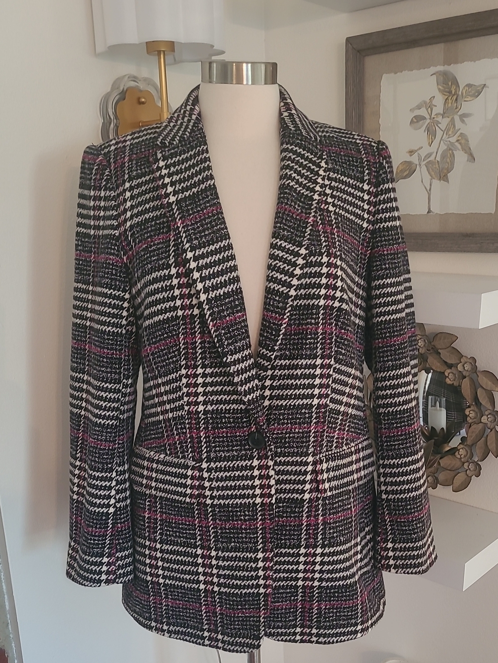 LOFT Black & White Plaid Blazer with Pink Accents